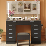 Garvee Black Vanity Desk with Large Mirror and Lights, Makeup Vanity Desk Table Set with Glass Top,Power Outlet, Stool,10 Drawers Storage, Magnifying Glass, Hairdryer Holder, Dressing Table for Bedroom - Black