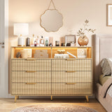 Garvee Modern Oak 6 Drawer Fluted Dresser with LED Lights & Charging Station – Wide Chest with Gold Handles, Open Storage Shelf – Bedroom, Living Room, Hallway – Natural Wood One Box Pack - Oak