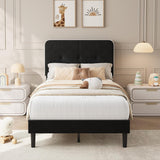 Garvee Twin Size Platform Bed Frame with Button Tufted Headboard,Velvet Upholstered Bed Frame with Wooden Slats Support, No Box Spring Needed, Noise-Free, Easy Assembly - Black & White Trim