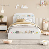 Garvee Twin Size Low Platform Bed Frame, Sturdy Wood Bed with Storage Headboard, Raised Footboard & Sturdy Wooden Slats, No Box Spring Required, White - White