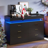 Garvee 47" TV Stand Cabinet with Power Outlets & LED Lights, 6 Drawer Dresser TV Console, Entertainment Center, Coffee Bar Sideboard Buffet for Living Room, Bedroom, Entryway, Black - Black