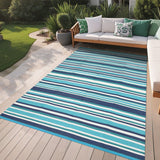Garvee Reversible Outdoor Rug 8x10ft – Waterproof Plastic Straw Patio Carpet – Modern Geometric Striped, Mark Resistant, Portable, Washable – Garden, Deck, RV, Camping, Beach, Backyard – Four Colors: Navy Blue/Bright Blue/Light Blue/White, 8x10ft - Navy Blue Teal