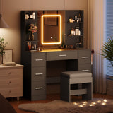 Garvee Modern Makeup Vanity Desk with LED Mirror – 7 Drawers, Power Outlet, Hair Dryer Rack, Open Shelves, Cushioned Stool – Spacious Bedroom Dressing Table, Black - Black