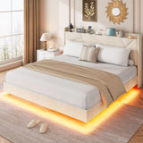 Garvee King Size Floating Platform Bed Frame with RGB LED Lights & Charging Station - Upholstered Storage Headboard, Folding Shelves - Metal Slats, No Box Spring Needed, Suspended Design - Color: KING Beige - Beige