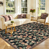 Garvee Washable Floral 5x7 Area Rugs, Vintage Tulip Print Farmhouse Rug for Living Room Bedroom Dining Room, Soft Non Slip Large Indoor Carpet, Low Pile Decorative Rugs for Home Decor, Black - Black