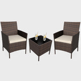 Garvee 3 Piece All-Weather Patio Bistro Set, PE Rattan Chairs, Glass Table, Cream Cushions - Brown / Beige