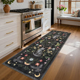 Garvee Cat Print 2' x 6' Vintage Dark Floral Moody Botanical Area Rugs Washable Rugs for Linving Room Cat Rug with Non-Slip Backing Low Pile Large Rugs for Bedroom Farmhouse Dining Room Kids Playroom - Black