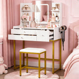 Garvee Modern Vanity Desk with Lighted Mirror – 3-Color Dimmable LED, Charging Station, 3 Drawers, 6 Shelves, Hair Dryer Holder, Makeup Table & Stool Set – White Board with Gold Iron Frame - Whiteboard + Gold Iron Frame