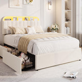 Garvee Full Size Upholstered Platform Bed Frame with Storage Drawers, Bookcase Headboard, LED Lights, Velvet Boucle Design, Noise-Free, Easy Assembly, No Box Spring Needed - Offwhite, Full Size