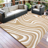 Garvee 8' x 10' Light Brown Outdoor Rug, Waterproof UV Resistant Reversible Plastic Straw Patio Mat, Abstract Wave Design for RV, Deck, Picnic & Backyard - Light Brown