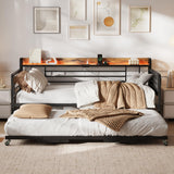 Garvee Twin Daybed with Trundle Bed, Storage Headboard with Charging Station and Additional Storage Bags, Sofa Day Bed with Strong Supports for Living Room, Bedroom, and Guest Room, Black and Brown - Black And Brown