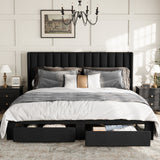 Garvee King Size Bed Frame, Velvet Upholstered Bed Frame with Wingback Headboard, 2 Storage Drawers, No Box Spring Needed, Black - Black