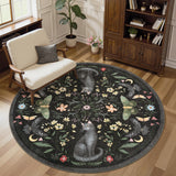 Garvee Washable Black Cat Area Rug – Soft Non-Slip Thin Carpet, Floral Mushroom Design, Modern Indoor Circle Floor Mat for Bedroom, Living Room, Nursery – Black, 5x5ft Round - Black