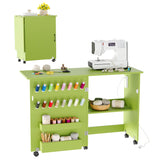 Garvee Collapsible Sewing & Craft Table with Charging Station - Lockable Wheels, Storage Trays, Shelf, Pegs, Magnetic Locks - Space-Saving Rolling Sewing Cabinet Desk, Portable Craft Workstation with USB Type-C, Side Bins - Green - Green