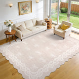 Garvee 5x7 Scalloped Bow Rug for Living Room, Washable Beige Rugs Modern Farmhouse Lace Rug Non Slip Soft Indoor Carpet for Bedroom Nursery Nursery College, Stain Resistant Low Pile Floor Cover, Beige - Beige
