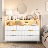 Garvee Modern Fluted 7 Drawer Dresser with LED Lights & Charging Station – Wide Chest with Gold Metal Handles, Wooden TV Stand & Storage Organizer for Bedroom, Living Room, Hallway – White - White