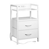 Garvee Modern Rustic Patio Side Table with 2 Fabric Drawers - 3-Tier Storage Shelf, Compact bedside table & End Table for Bedroom, Living Room, Dorm, Outdoor - White - White