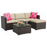 Garvee 5-Piece All-Weather Handwoven Wicker Rattan Patio Sectional Sofa Set with Cushions & Glass Coffee Table, Khaki Cushions - Brown / Khaki