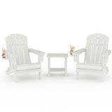Garvee 3-Piece Folding HDPE Adirondack Chair Set, 2 Chairs and Side Table with Cup Holders, White - White