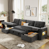 Garvee Modular Sofa with Storage, 107" Sleeper Sofa Bed Sectional Cloud Couch, U-Shaped Velvet Fabric Couch with USB Charging & Cup Holder for Living Room, Apartment, Office, Dark Grey - Dark Gray|Flannel