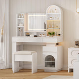 Garvee Arched Vanity Desk with Mirror and Lights, White Makeup Vanity Table with 3 Drawers and 11 Storage Shelves, Large Dressing Table with Outlet, Light Strip & Vanity Stool for Bedroom