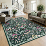 Garvee 9x12 Area Rugs for Living Room, Floral Washable Rug Vintage Large Soft Botanical Non Slip Carpet Indoor Stain Resistant Floor Carpets for Bedroom Dining Room Farmhouse Nursery, Dark Green - Dark Green
