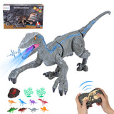 Garvee Realistic Remote Control Velociraptor Dinosaur Model Kit – 2.4GHz RC Walking & Roaring, 3D Eyes, Lights & Sounds – Building & Collectible Model for Kids Ages 4-12 – Blue Gray+GY205