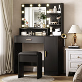 Garvee Vanity Desk Makeup Dressing Table with Mirror and 3 Lighting Modes, Large Drawers, Waterproof Finish, Cushioned Stool, Black, Bedroom - Black