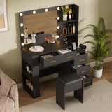 Garvee 41" Large Vanity Desk with 10-Bulb Mirror and Built-in Outlets - Makeup Vanity Desk with 3 Color Lighting Modes and 5 Drawers - Dressing Table with Soft Cushioned Stool for Bedroom - Piano Black