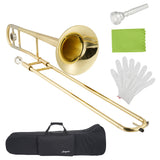 Garvee Alto Trombone Starter Kit for Beginners & Students – Bb Gold Lacquer Brass, Penetrating Sound, Accurate Tone, with Protective Case, Mouthpiece, Cleaning Cloth, Gloves – Gold Lacquer