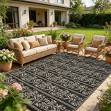 Garvee Waterproof Reversible Outdoor Rug - Boho Leaf Design - Large, UV & Mark Resistant, Collapsible Plastic Area Mat with 4 Stakes & Storage Bag for Camping, RV, Deck, Balcony, Backyard,9x12ft, Black Coffee - Black & Brown