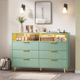 Garvee 47.2" w 6 Drawers Dresser with LED Lights & Charging Station, Modern Curved Fluted Wood Chest of Drawers with Gold Handles for Bedroom & Living Room, Green - Green