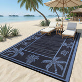 Garvee Outdoor Rug 8x10 Waterproof Reversible Plastic Straw Tropical Leaf UV-Resistant Patio Deck Camping Mat - Black Blue & Light Blue