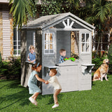 Garvee High Quality Cedar Outdoor Playhouse Cottage for Kids – Vinyl Roof, Play Kitchen, Porch – Durable Backyard Wooden Toy House – Easy Assembly – Color: Grey