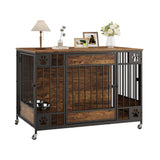 Garvee Modern Triple Door Dog Crate Furniture – 41" Heavy Duty Wooden Kennel with Feeding Bowls & Wheels – End Table Pet Cage for Medium & Large Dogs – Antique Brown - Brown