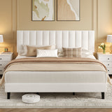 Garvee Upholstered Platform Bed Frame in White Suede, Adjustable Tufted Headboard, Sturdy Wood Slats, No Box Spring Needed, Easy Assembly - King Size, White - White