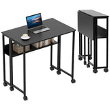 Garvee Folding Desk Small Rolling Desk with Storage Shelf, 24.8 Inch Foldable Computer Table with Wheels, Portable Office Desk for Small Space End Table,Writing Work Office Computer Desk, Black - Black