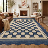 Garvee Scalloped Jute Area Rug - Navy Blue Checkered Design - Washable Non-Slip Low Pile Indoor Outdoor Carpet for Living Room, Porch, Balcony, Office, Entryway, Backyard - Blue, 9x12ft - Navy Blue