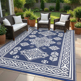Garvee 9x18 Vintage Outdoor Rugs Waterproof Patio Rugs Indoor Outdoor Medallion Reversible Mat Foldable Lightweight Plastic Straw Carpet for Deck, Picnic, Porch, Camper, Balcony, Beach, Navy - Navy Blue