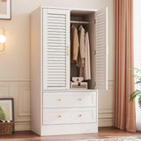 Garvee 65" Louvered Armoire Wardrobe Closet with 2 Doors and 2 Drawers, Large Capacity Storage, Wooden Wardrobe Cabinet with Hanging Rod for Bedroom, Cloak Room, Laundry Room, Entrance Hall, White - White