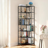 Garvee 7-Tier Industrial Corner Bookshelf – Large Freestanding Wood & Metal Bookcase with X-Frame – Display Storage Rack for Living Room, Kitchen, Home Office – Adjustable Feet – Color: Black - Black