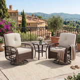 Garvee Brown and Beige 3-Piece Patio Furniture Set with 2 Swivel Rocking Chairs & Rattan Side Table, Outdoor Wicker 360° Swivel Glider Chairs with Beige Cushions and Tempered Glass Tabletop for Deck, Porch, Garden & Poolside - Brown & Beige