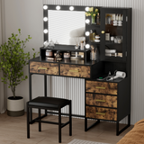 Garvee Vanity and Stool with Mirror and Lights, Wooden Vanity Desk with Charging Station, Black Makeup Table with Drawers and LED Bulbs - Black And Golden