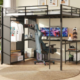 Garvee Queen Size Loft Bed Frame with Built-in Desk & LED Lights, Heavy-Duty Metal Loft Bed with Storage Shelves & Wardrobe for Dormitory, Ladder and Safety Guardrail, Nosie-Free, Black