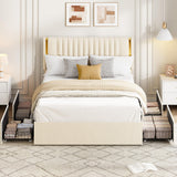 Garvee Upholstered Platform Bed Frame with 4 Storage Drawers – Adjustable Cotton Headboard – Sturdy Wooden Slats – Easy Assembly – Noise-Free – Full Size, White - White