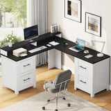Garvee 63" Executive l Shaped Desk with 4 File Drawers & Power Outlet, Large Corner Computer Desk with Monitor Stand and Power Outlets, Home Office Desks with Storage Drawers - White And Black