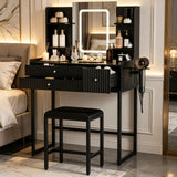Garvee Modern Black Vanity Desk with Mirror – Adjustable 3-Color LED Lights, Power Outlet, 3 Drawers, 6 Shelves, Hair Dryer Holder, Stool, Makeup Table for Bedroom – Blackboard & Black Iron Frame - Blackboard + Black Iron Frame