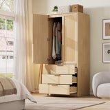 Garvee Armoire Wardrobe Closet with 3 Drawers and 2 Doors, Modern Wooden Wardrobe Cabinets for Hanging Clothes, Large Capacity Tall Standing Bedroom Armoires, Heavy Duty (Rattan, Nature) - Nature