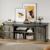 Garvee Farmhouse TV Stand for 75 Inch TVs – 70" Modern Entertainment Center with Sliding Barn Doors, Storage Cabinets, Power Outlet, Long Media Console Table for Living Room or Bedroom – Wood Grain Gray, Cross-Shaped Door Frame - Dark Gray