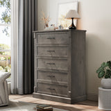 Garvee Farmhouse 5 Drawer Tall Dresser – Rustic Wooden Storage Cabinet with Metal Bar Handles – Vertical Chest for Bedroom, Living Room, Hallway – Washed Ash G41054K - Gray
